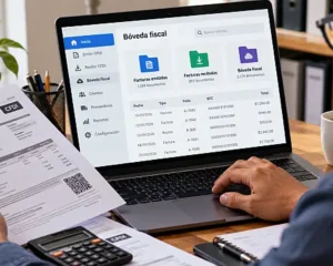Persona consulta una bóveda fiscal digital para organizar facturas y CFDI en una computadora.