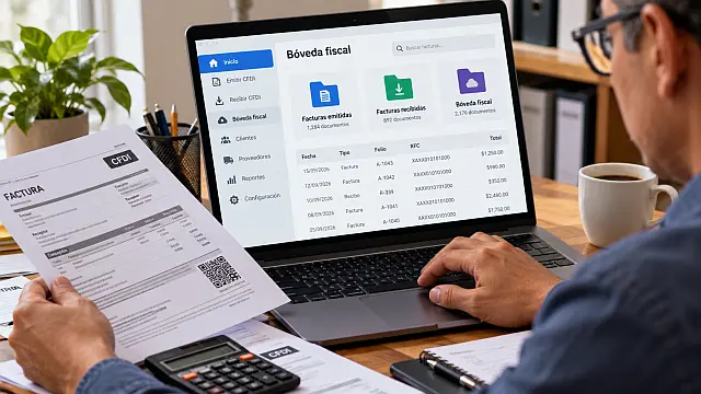 Persona consulta una bóveda fiscal digital para organizar facturas y CFDI en una computadora.