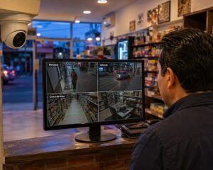 Cámara de seguridad analiza personas, vehículos y cruces de línea en una pequeña tienda supervisada desde un monitor.