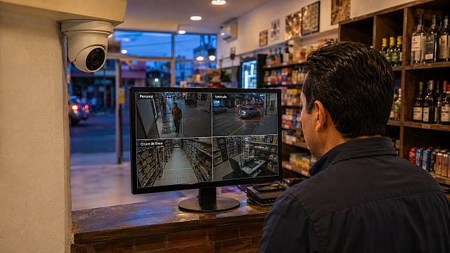 Cámara de seguridad analiza personas, vehículos y cruces de línea en una pequeña tienda supervisada desde un monitor.