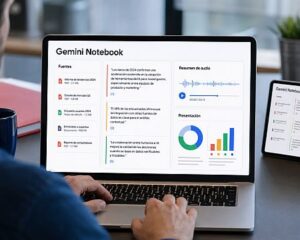 Gemini Notebook abierto en una laptop con documentos, citas, análisis de datos y materiales sincronizados en una tableta.