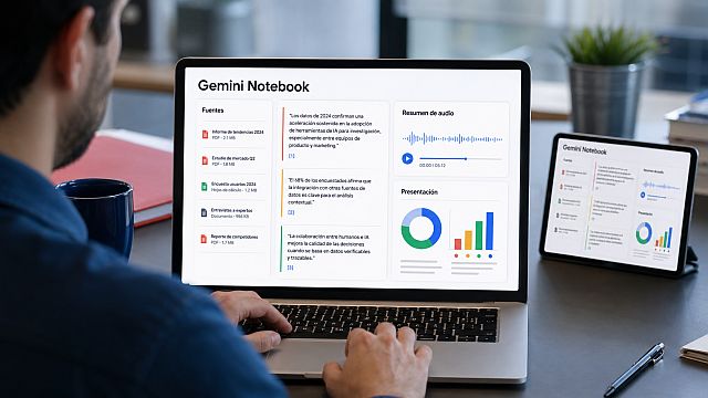 Gemini Notebook abierto en una laptop con documentos, citas, análisis de datos y materiales sincronizados en una tableta.