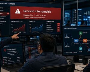 Equipo de operaciones monitorea una interrupción digital mediante alertas de servicio, seguridad e inteligencia artificial.