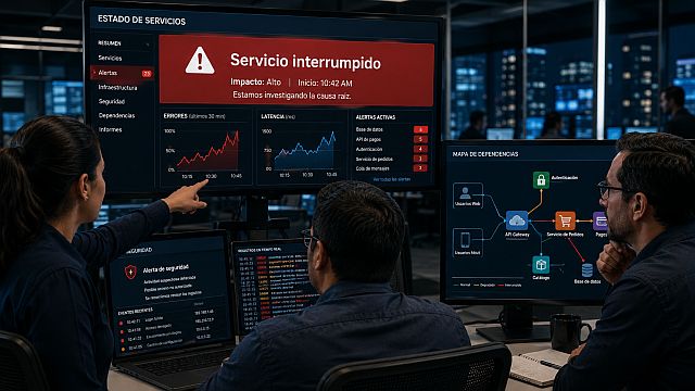 Equipo de operaciones monitorea una interrupción digital mediante alertas de servicio, seguridad e inteligencia artificial.