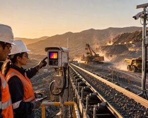 Trabajadores mineros revisan sensores inteligentes cerca de una cinta transportadora en una operación moderna con cámaras, radar y maquinaria pesada.