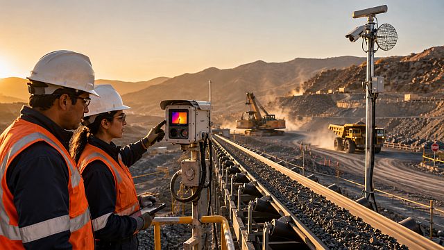 Trabajadores mineros revisan sensores inteligentes cerca de una cinta transportadora en una operación moderna con cámaras, radar y maquinaria pesada.