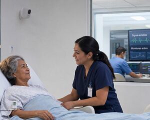 Paciente recibe atención presencial mientras sensores y una estación clínica permiten realizar monitoreo remoto en el hospital.