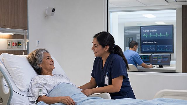 Paciente recibe atención presencial mientras sensores y una estación clínica permiten realizar monitoreo remoto en el hospital.