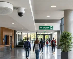Altavoz IP y cámara de seguridad en edificio con señal de salida para avisos y emergencias por zonas.