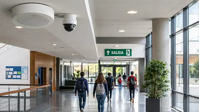 Altavoz IP y cámara de seguridad en edificio con señal de salida para avisos y emergencias por zonas.