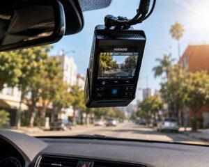 Cámara VUEROID S1 instalada en un automóvil estacionado bajo sol intenso para evaluar su sistema DURASHIFT contra el sobrecalentamiento