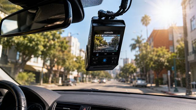 Cámara VUEROID S1 instalada en un automóvil estacionado bajo sol intenso para evaluar su sistema DURASHIFT contra el sobrecalentamiento