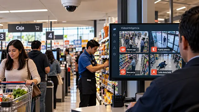 Cámara de seguridad con inteligencia artificial analiza la operación de una tienda y genera alertas para el personal.