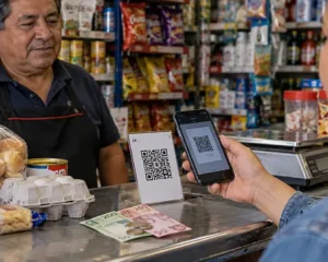 Cliente paga con celular mediante código QR en una tienda de abarrotes en México.