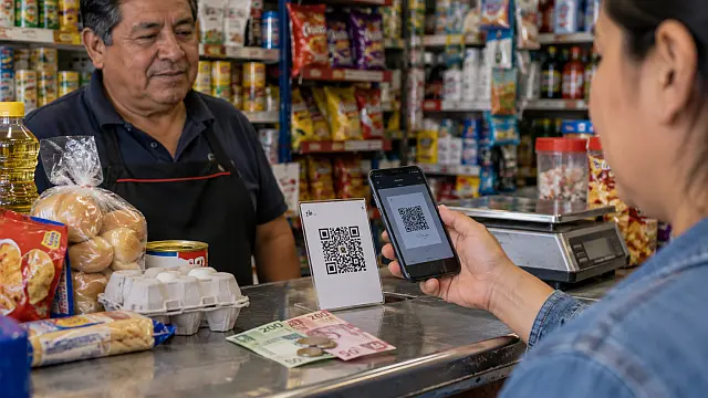 Cliente paga con celular mediante código QR en una tienda de abarrotes en México.