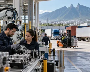 Ingenieros supervisan una planta conectada con operaciones logísticas y transporte de mercancías en Monterrey.