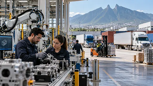 Ingenieros supervisan una planta conectada con operaciones logísticas y transporte de mercancías en Monterrey.