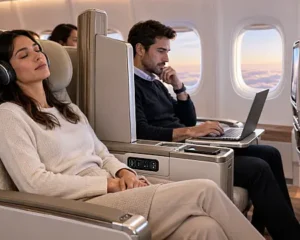 Nuevo asiento Premium Economy de Emirates con divisor de privacidad entre pasajeros en un Airbus A350.