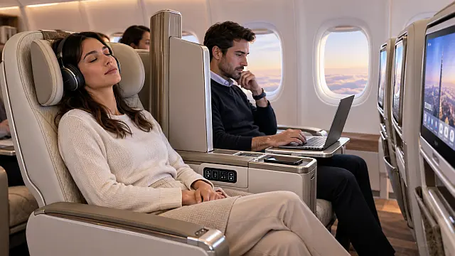 Nuevo asiento Premium Economy de Emirates con divisor de privacidad entre pasajeros en un Airbus A350.