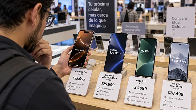 Persona compara un iPhone 18 Pro, Galaxy S26 Ultra y otros celulares de gama alta con precios cercanos a $30,000 en México.