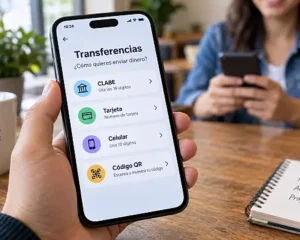 Persona elige en una app bancaria una transferencia mediante CLABE, tarjeta, número celular o código QR.