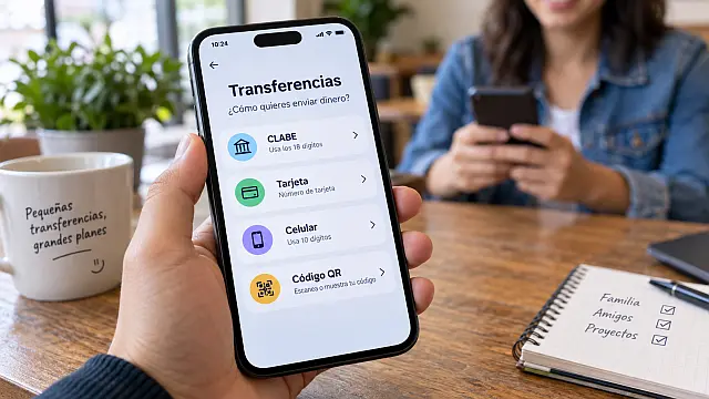 Persona elige en una app bancaria una transferencia mediante CLABE, tarjeta, número celular o código QR.