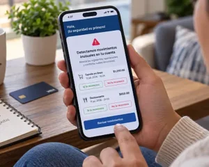 Persona revisa una alerta de fraude mediante un canal de autoservicio digital bancario desde su teléfono