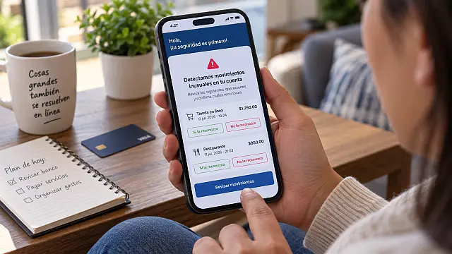 Persona revisa una alerta de fraude mediante un canal de autoservicio digital bancario desde su teléfono