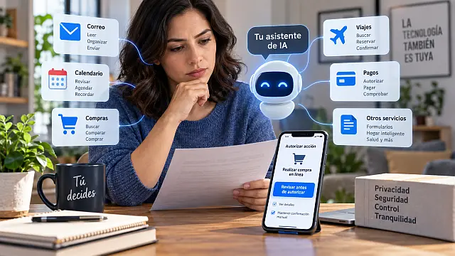 Persona supervisa permisos de un agente de IA conectado con correo, calendario, compras y pagos.