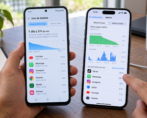 Usuario revisa el consumo de batería por aplicaciones en teléfonos Android y iPhone.png