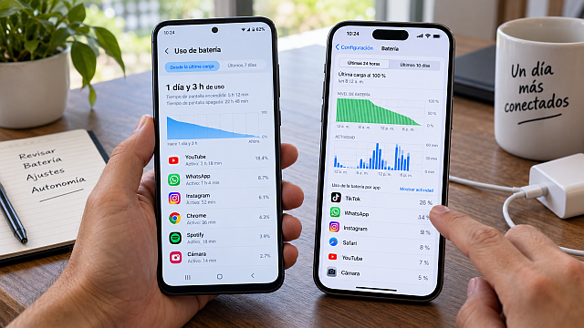 Usuario revisa el consumo de batería por aplicaciones en teléfonos Android y iPhone.png