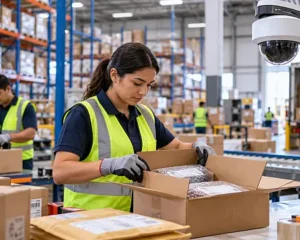 Cámara de vigilancia con inteligencia artificial supervisa paquetes y trabajadores en un centro de distribución de comercio electrónico.
