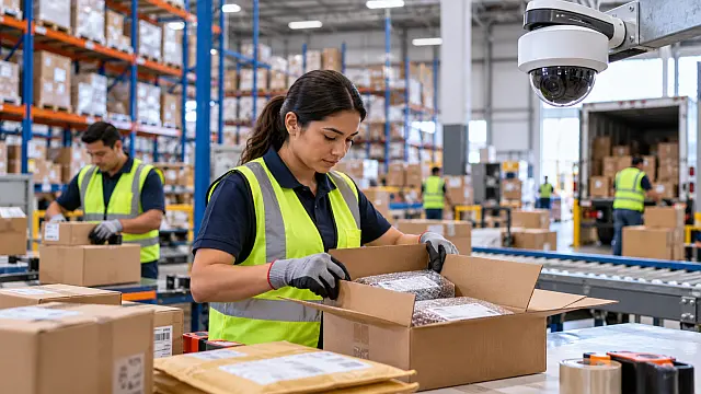 Cámara de vigilancia con inteligencia artificial supervisa paquetes y trabajadores en un centro de distribución de comercio electrónico.