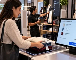 Clienta utiliza autocobro RFID que identifica varias prendas simultáneamente en una tienda.