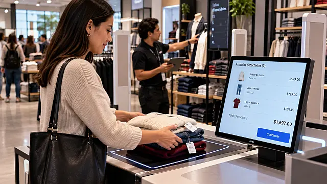 Clienta utiliza autocobro RFID que identifica varias prendas simultáneamente en una tienda.