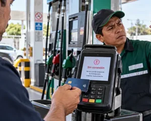 Conductor intenta pagar gasolina con tarjeta mientras una terminal presenta problemas de conexión y el despachador busca señal celular.