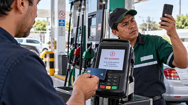 Conductor intenta pagar gasolina con tarjeta mientras una terminal presenta problemas de conexión y el despachador busca señal celular.