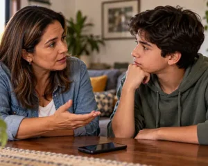 Madre mexicana conversa con su hijo adolescente sobre seguridad y privacidad en redes sociales, ante las nuevas reglas digitales para menores.