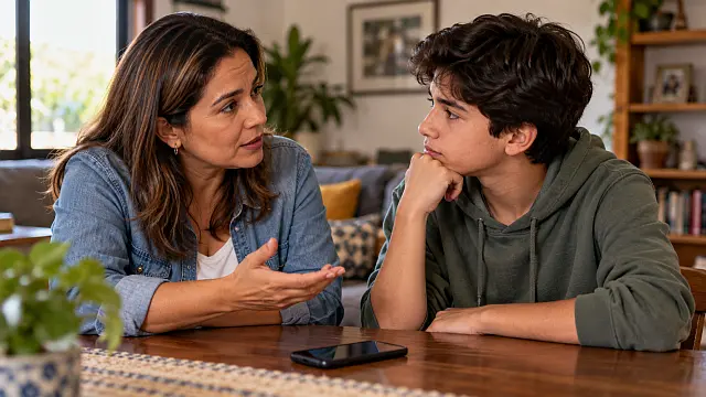 Madre mexicana conversa con su hijo adolescente sobre seguridad y privacidad en redes sociales, ante las nuevas reglas digitales para menores.