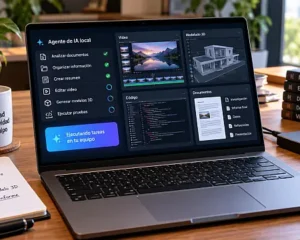 Laptop con inteligencia artificial local NVIDIA RTX Spark en un escritorio, con herramientas de procesamiento y organización de información.