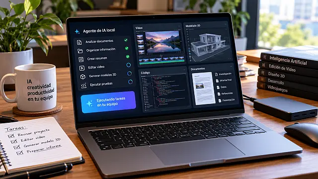 Laptop con inteligencia artificial local NVIDIA RTX Spark en un escritorio, con herramientas de procesamiento y organización de información.