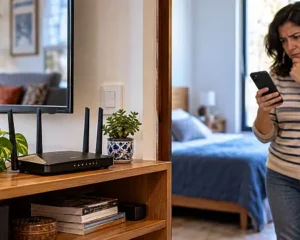 Router Wi-Fi doméstico instalado en una sala para mejorar la cobertura de Internet en casa.