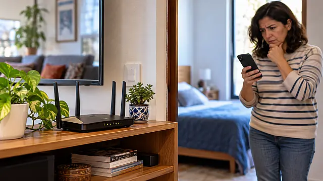 Router Wi-Fi doméstico instalado en una sala para mejorar la cobertura de Internet en casa.