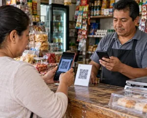 persona pagando mediante un código QR en una pequeña tienda de abarrotes, mientras el comerciante verifica la operación en su celular