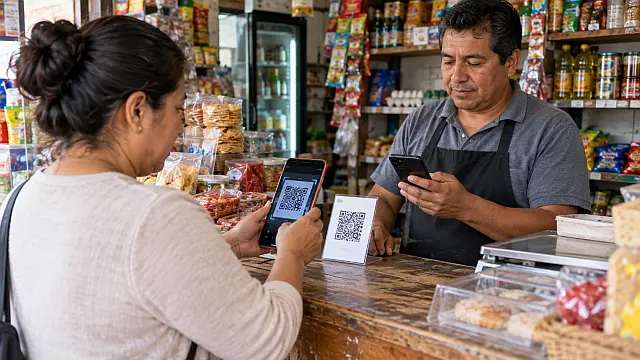 persona pagando mediante un código QR en una pequeña tienda de abarrotes, mientras el comerciante verifica la operación en su celular