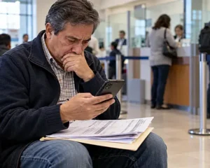 Persona revisa comprobantes bancarios y su celular después de detectar un posible fraude digital.