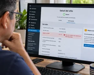 Administrador revisa la versión de PHP y la seguridad de su sitio WordPress desde una computadora.