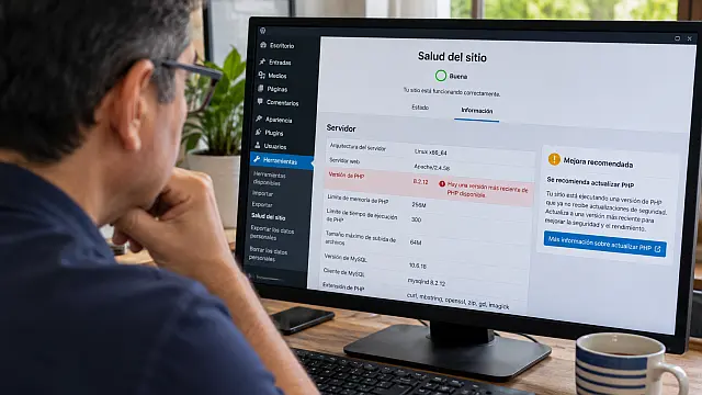 Administrador revisa la versión de PHP y la seguridad de su sitio WordPress desde una computadora.