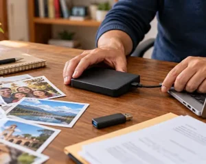 Usuario conecta un disco externo para respaldar documentos y fotografías guardados en OneDrive.