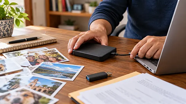 Usuario conecta un disco externo para respaldar documentos y fotografías guardados en OneDrive.